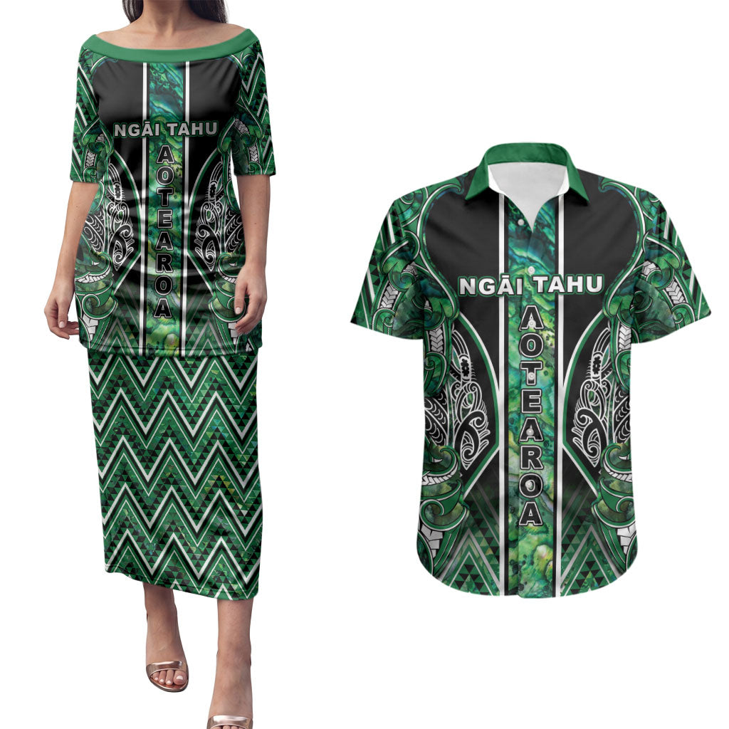 Aotearoa Ngai Tahu Couples Matching Puletasi and Hawaiian Shirt Maori Tribal Dark Green Paua Shell Pattern DT05 Green - Polynesian Pride