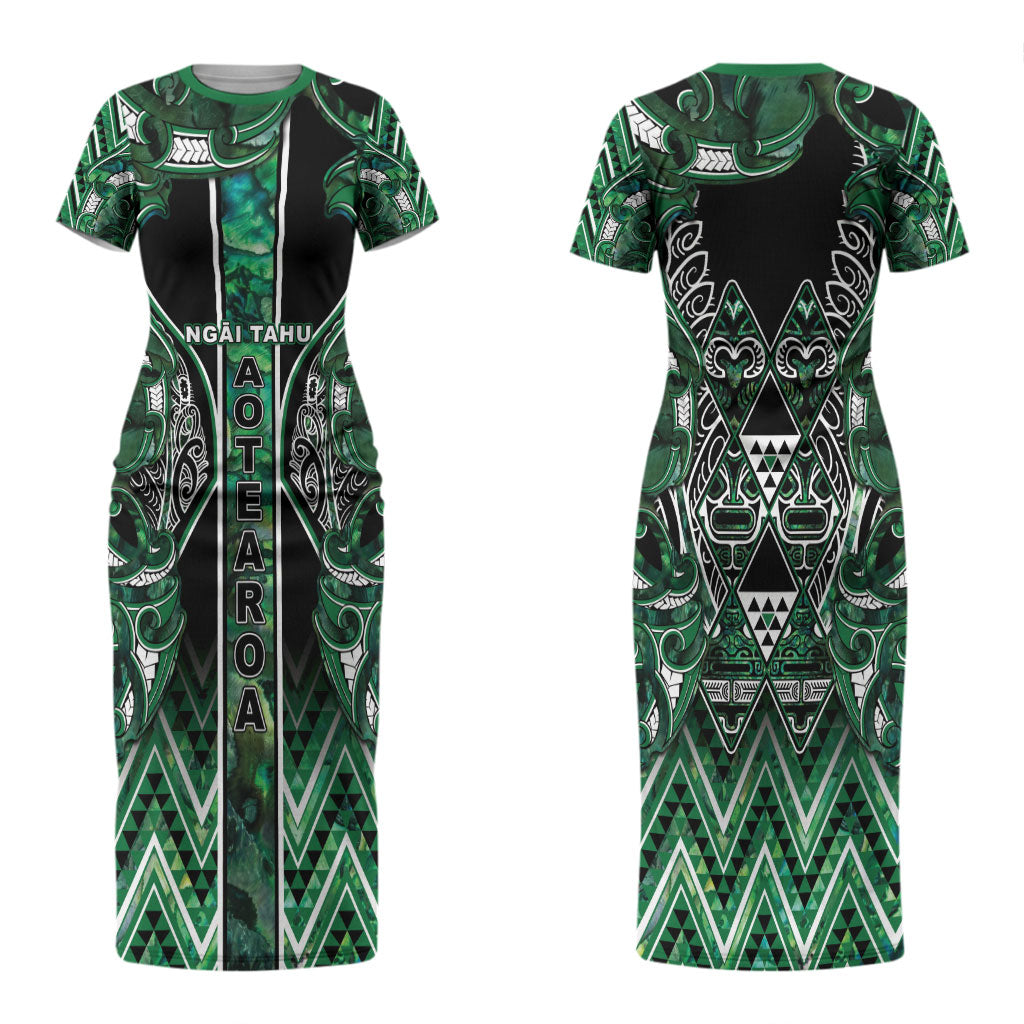 Aotearoa Ngai Tahu Couples Matching Short Sleeve Bodycon Dress and Hawaiian Shirt Maori Tribal Dark Green Paua Shell Pattern DT05 - Polynesian Pride