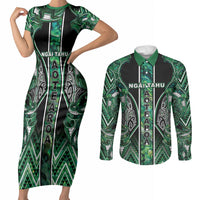 Aotearoa Ngai Tahu Couples Matching Short Sleeve Bodycon Dress and Long Sleeve Button Shirt Maori Tribal Dark Green Paua Shell Pattern DT05 Green - Polynesian Pride