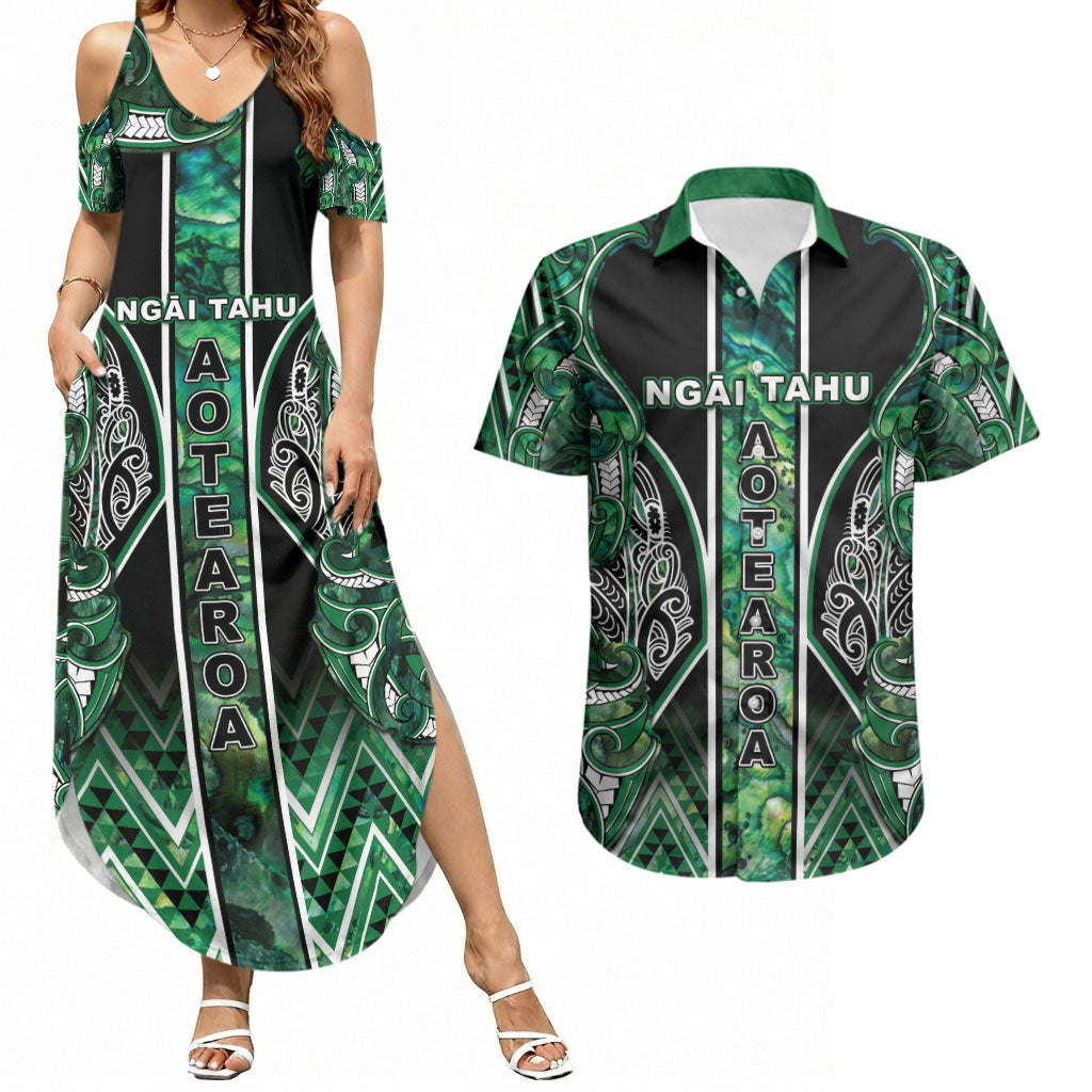 Aotearoa Ngai Tahu Couples Matching Summer Maxi Dress and Hawaiian Shirt Maori Tribal Dark Green Paua Shell Pattern