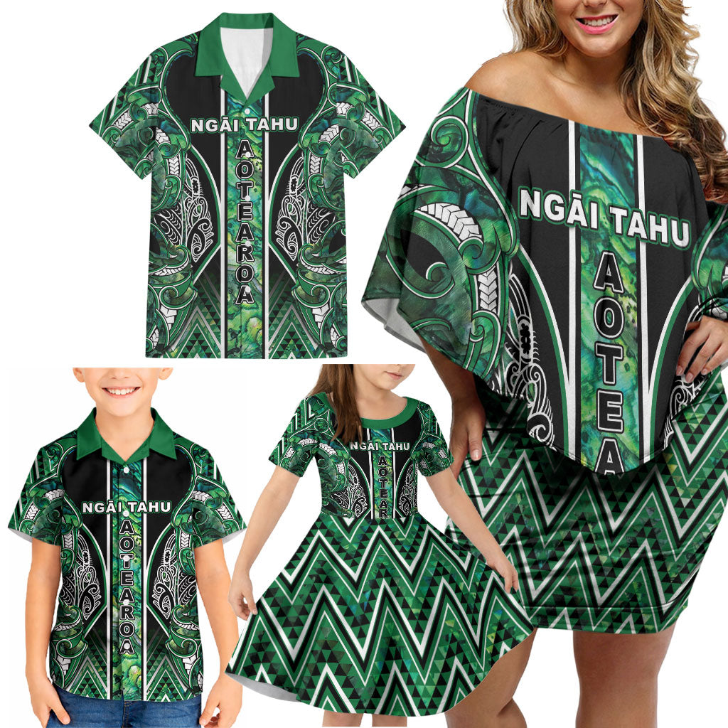 Aotearoa Ngai Tahu Family Matching Off Shoulder Short Dress and Hawaiian Shirt Maori Tribal Dark Green Paua Shell Pattern DT05 - Polynesian Pride