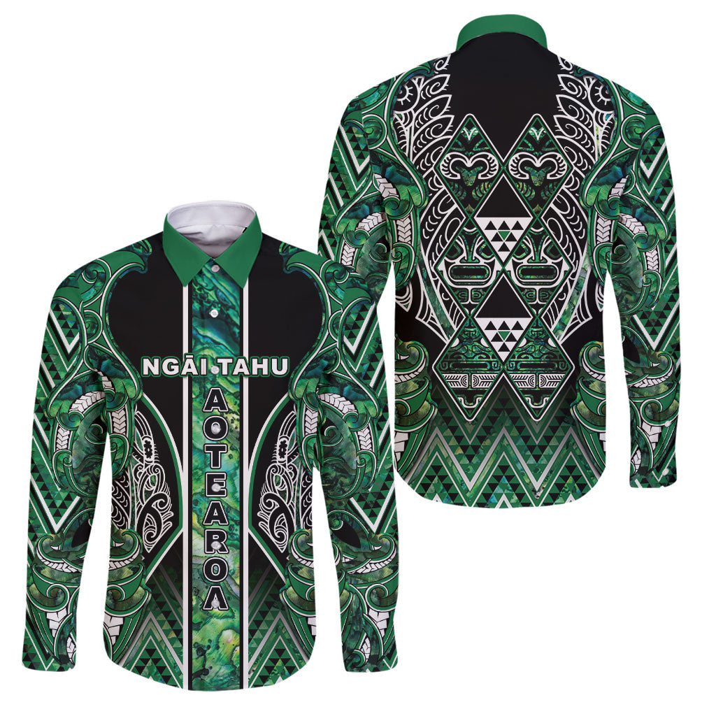 Aotearoa Ngai Tahu Family Matching Puletasi and Hawaiian Shirt Maori Tribal Dark Green Paua Shell Pattern DT05 Dad's Shirt - Long Sleeve Green - Polynesian Pride
