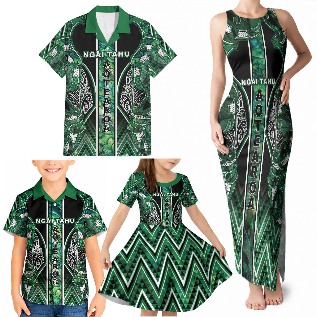 Aotearoa Ngai Tahu Family Matching Tank Maxi Dress and Hawaiian Shirt Maori Tribal Dark Green Paua Shell Pattern DT05 - Polynesian Pride