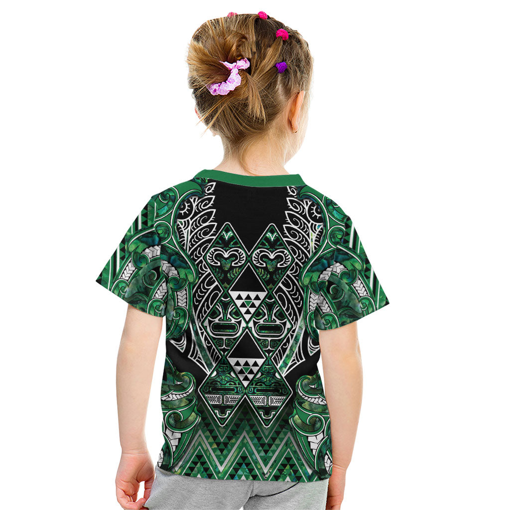 Aotearoa Ngai Tahu Kid T Shirt Maori Tribal Dark Green Paua Shell Pattern DT05 - Polynesian Pride