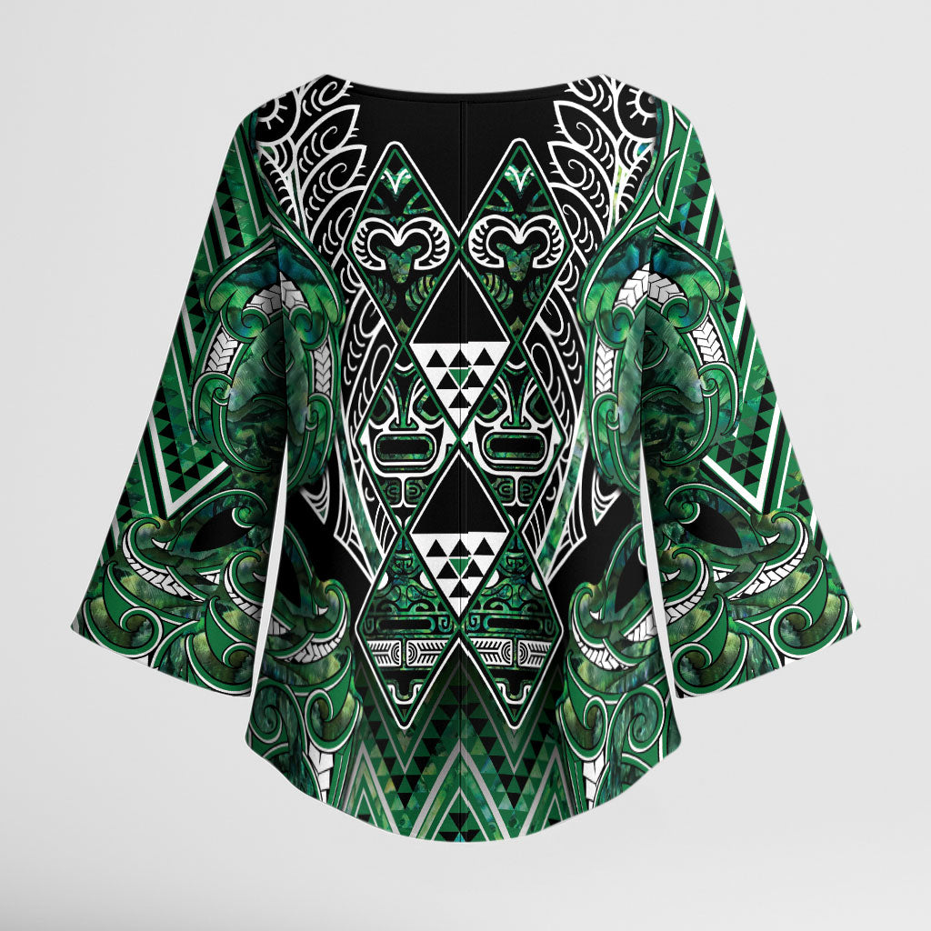 Aotearoa Ngai Tahu Kimono Sleeve Blouse Maori Tribal Dark Green Paua Shell Pattern DT05 - Polynesian Pride