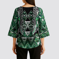 Aotearoa Ngai Tahu Kimono Sleeve Blouse Maori Tribal Dark Green Paua Shell Pattern DT05 - Polynesian Pride