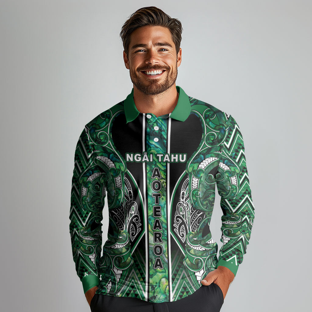 Aotearoa Ngai Tahu Long Sleeve Polo Shirt Maori Tribal Dark Green Paua Shell Pattern DT05 - Polynesian Pride