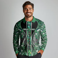 Aotearoa Ngai Tahu Long Sleeve Polo Shirt Maori Tribal Dark Green Paua Shell Pattern DT05 - Polynesian Pride
