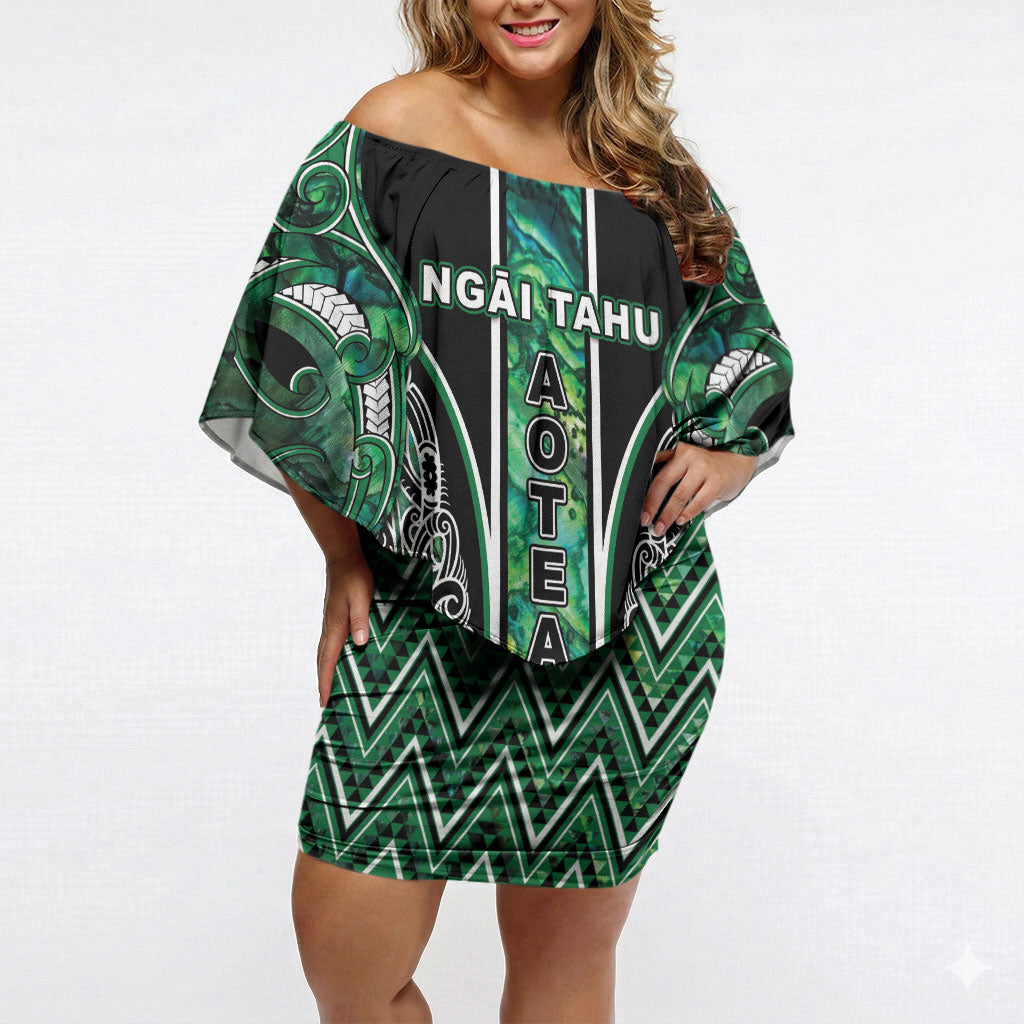 Aotearoa Ngai Tahu Off Shoulder Short Dress Maori Tribal Dark Green Paua Shell Pattern DT05 Women Green - Polynesian Pride
