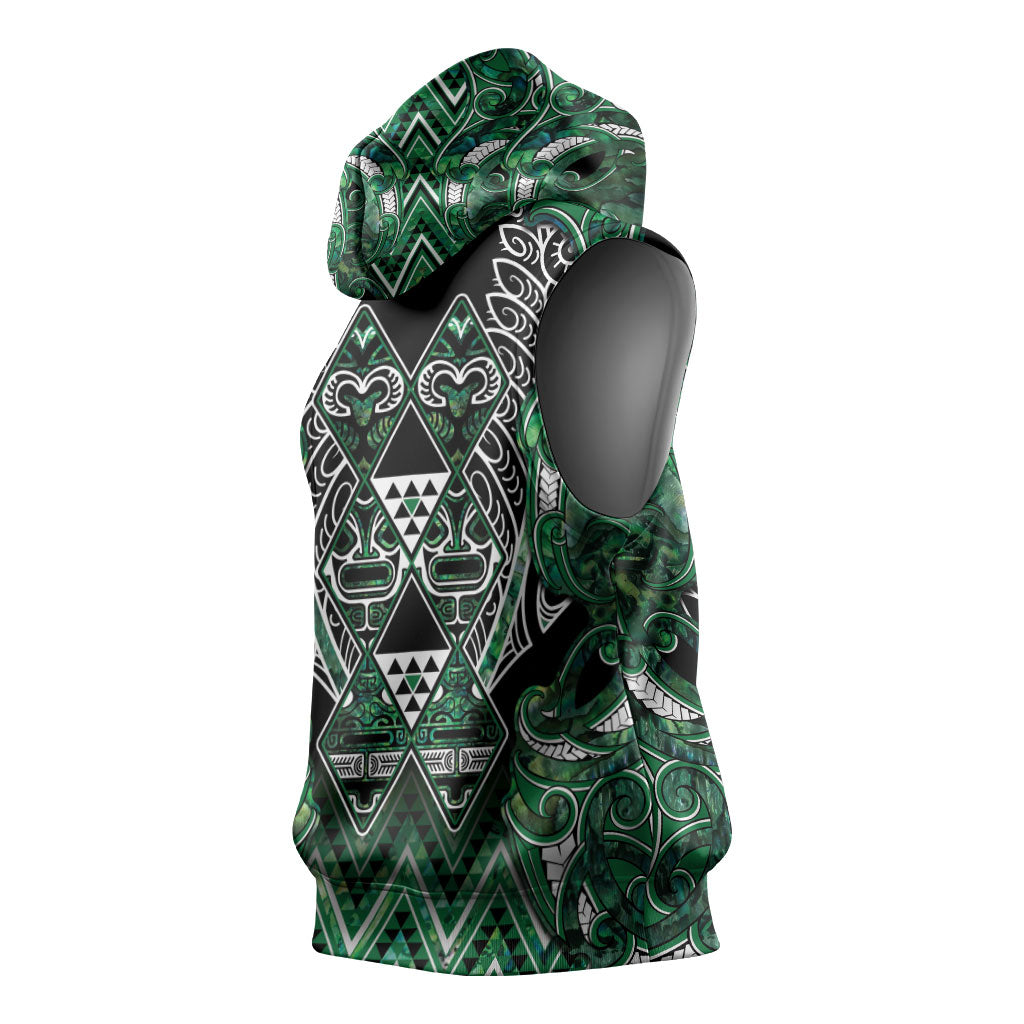 Aotearoa Ngai Tahu Sleeveless Hoodie Maori Tribal Dark Green Paua Shell Pattern DT05 - Polynesian Pride