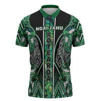 Aotearoa Ngai Tahu Zipper Polo Shirt Maori Tribal Dark Green Paua Shell Pattern DT05 Green - Polynesian Pride