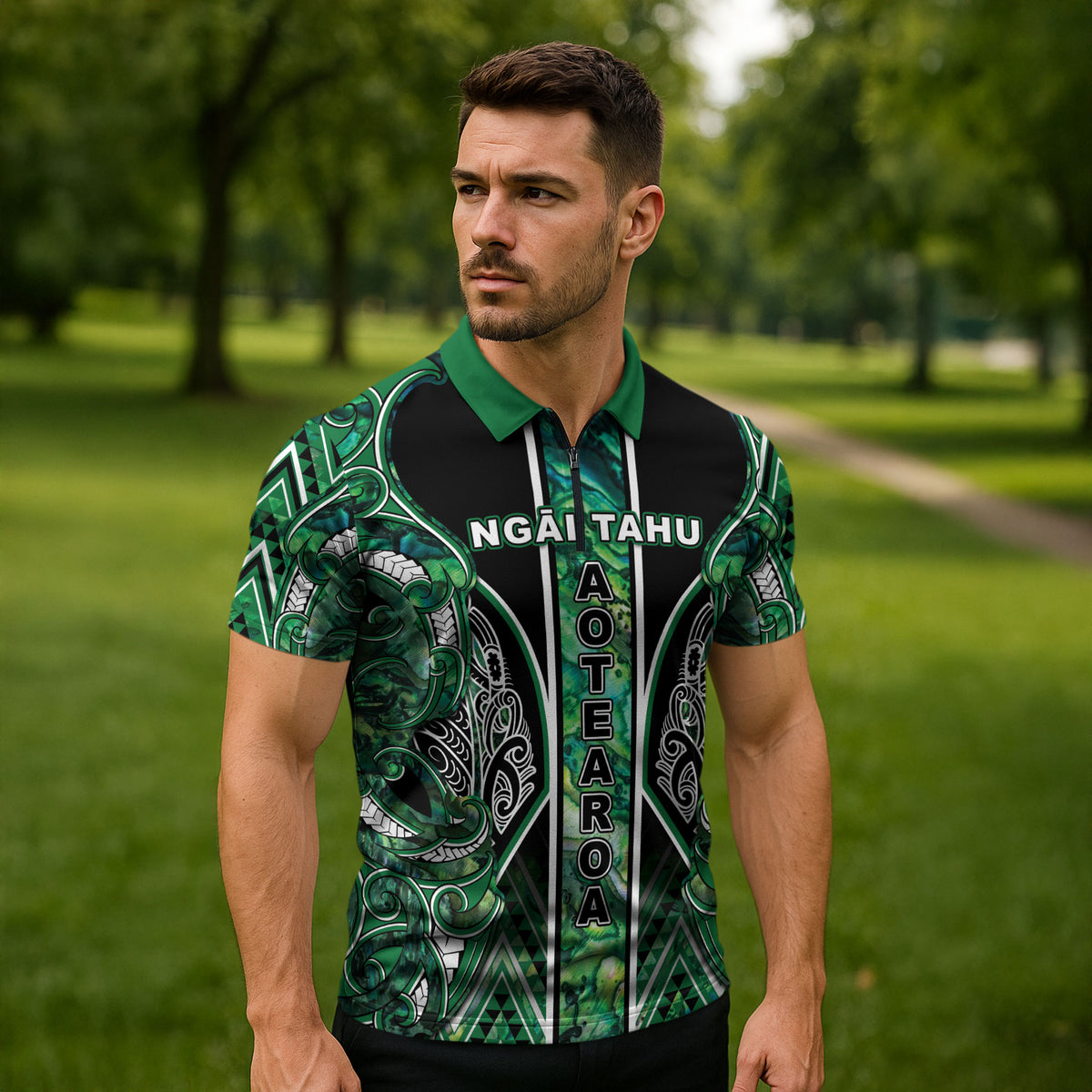 Aotearoa Ngai Tahu Zipper Polo Shirt Maori Tribal Dark Green Paua Shell Pattern DT05 - Polynesian Pride