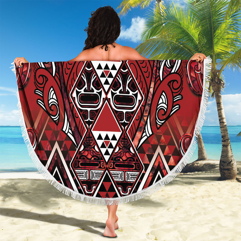Aotearoa Te Arawa Beach Blanket Maori Tribal Dark Red Paua Shell Pattern DT05 - Polynesian Pride