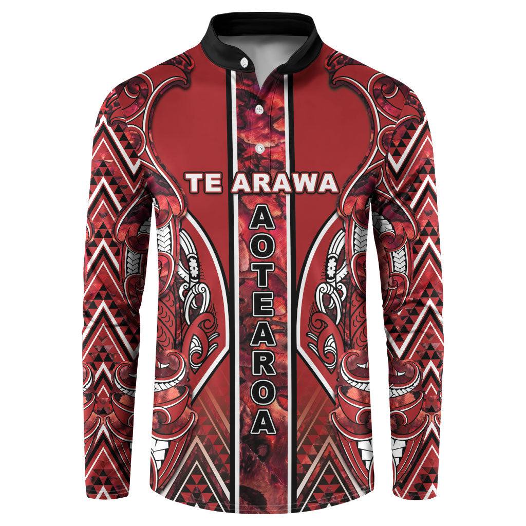 Aotearoa Te Arawa Button Sweatshirt Maori Tribal Dark Red Paua Shell Pattern DT05 Red - Polynesian Pride