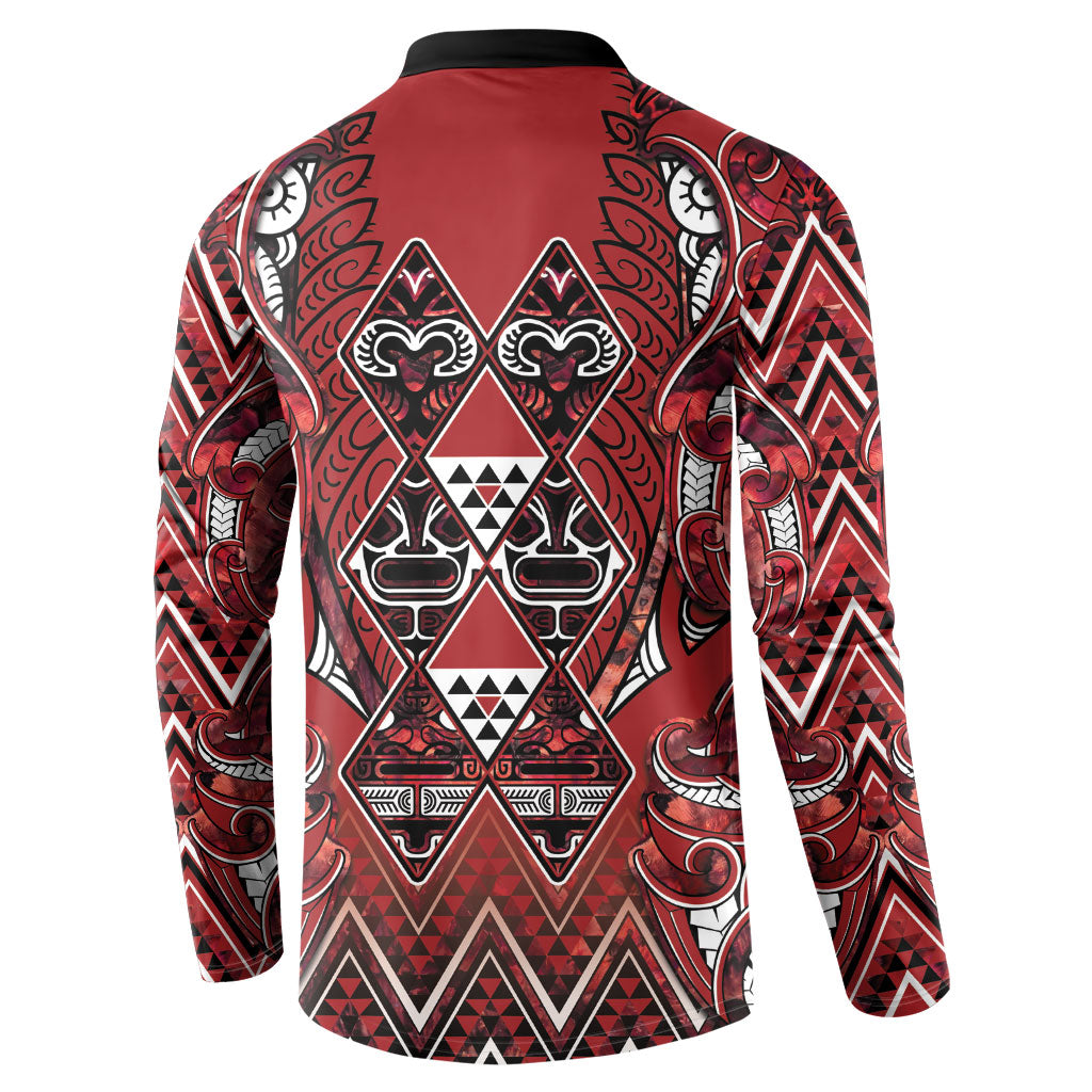 Aotearoa Te Arawa Button Sweatshirt Maori Tribal Dark Red Paua Shell Pattern DT05 - Polynesian Pride
