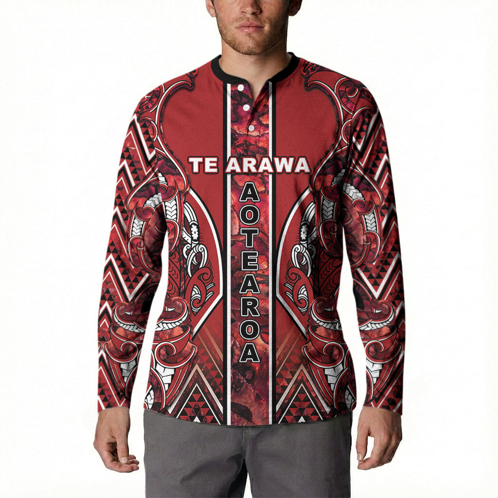 Aotearoa Te Arawa Button Sweatshirt Maori Tribal Dark Red Paua Shell Pattern DT05 - Polynesian Pride