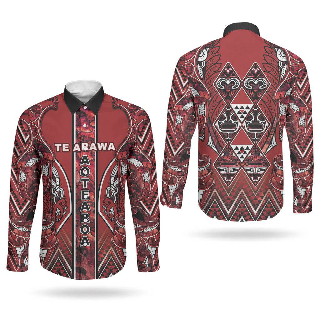 Aotearoa Te Arawa Couples Matching Long Sleeve Bodycon Dress and Long Sleeve Button Shirt Maori Tribal Dark Red Paua Shell Pattern DT05 - Polynesian Pride