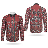 Aotearoa Te Arawa Couples Matching Long Sleeve Bodycon Dress and Long Sleeve Button Shirt Maori Tribal Dark Red Paua Shell Pattern DT05 - Polynesian Pride
