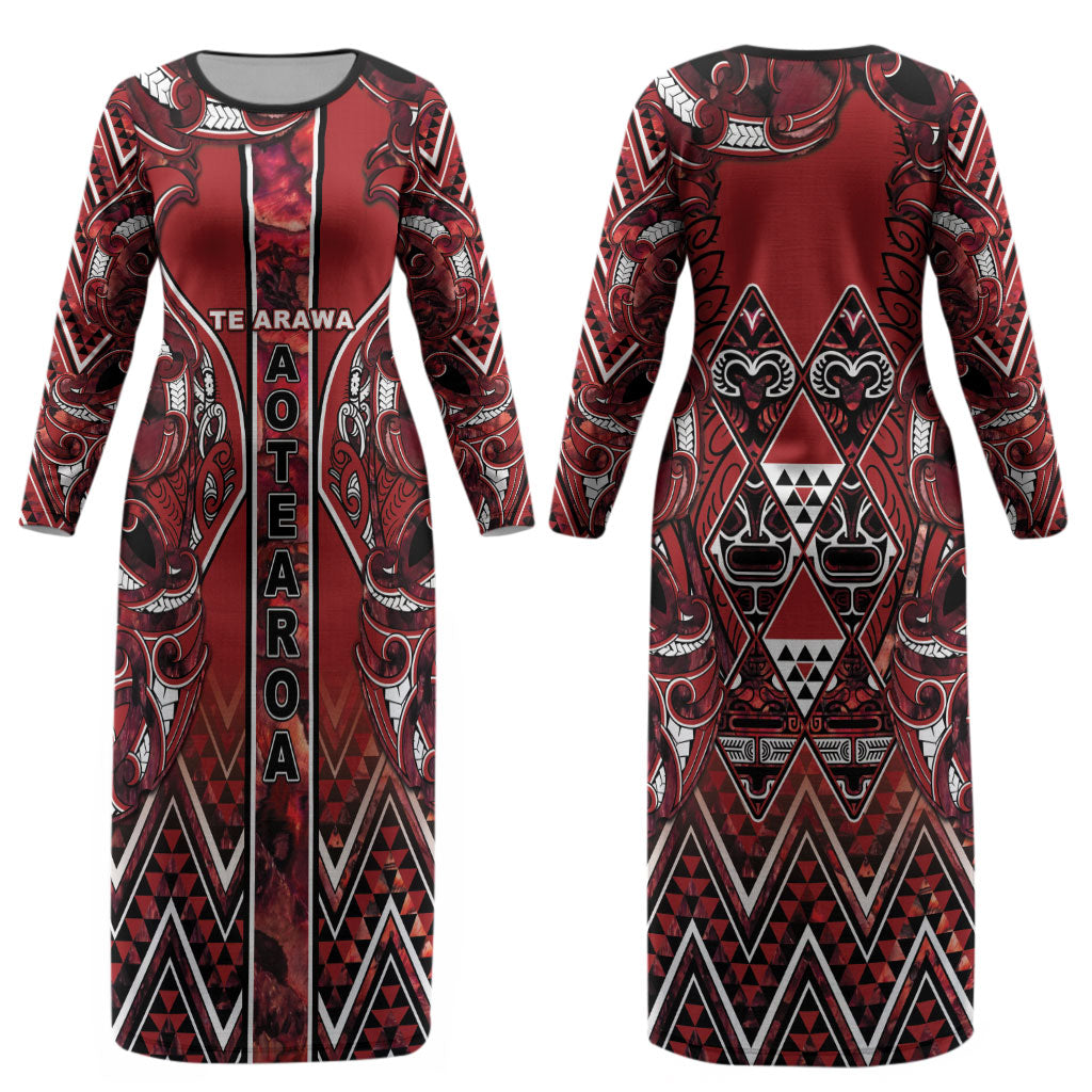 Aotearoa Te Arawa Couples Matching Long Sleeve Bodycon Dress and Long Sleeve Button Shirt Maori Tribal Dark Red Paua Shell Pattern DT05 - Polynesian Pride