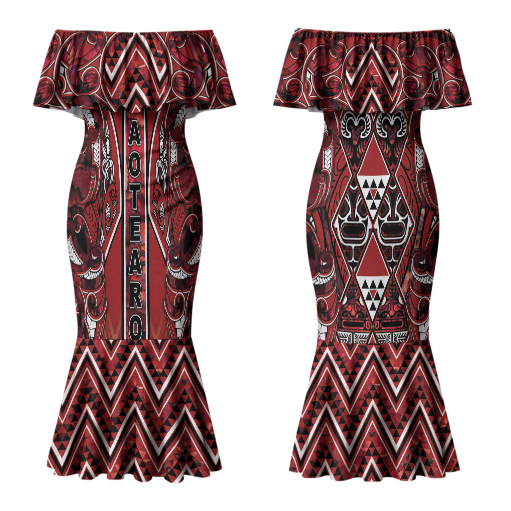 Aotearoa Te Arawa Couples Matching Mermaid Dress and Hawaiian Shirt Maori Tribal Dark Red Paua Shell Pattern DT05 - Polynesian Pride