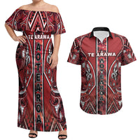 Aotearoa Te Arawa Couples Matching Off Shoulder Maxi Dress and Hawaiian Shirt Maori Tribal Dark Red Paua Shell Pattern DT05 Red - Polynesian Pride