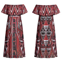 Aotearoa Te Arawa Couples Matching Off Shoulder Maxi Dress and Hawaiian Shirt Maori Tribal Dark Red Paua Shell Pattern DT05 - Polynesian Pride