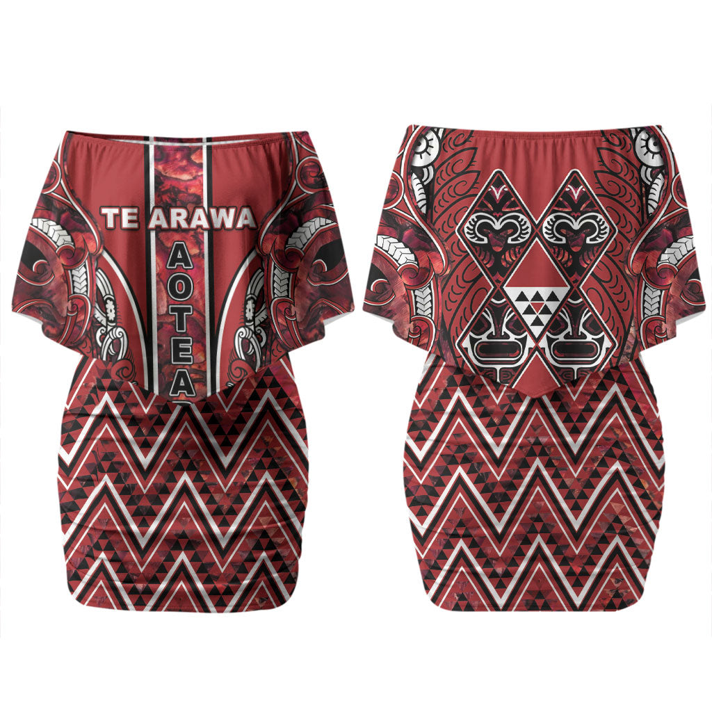 Aotearoa Te Arawa Couples Matching Off Shoulder Short Dress and Long Sleeve Button Shirt Maori Tribal Dark Red Paua Shell Pattern DT05 - Polynesian Pride