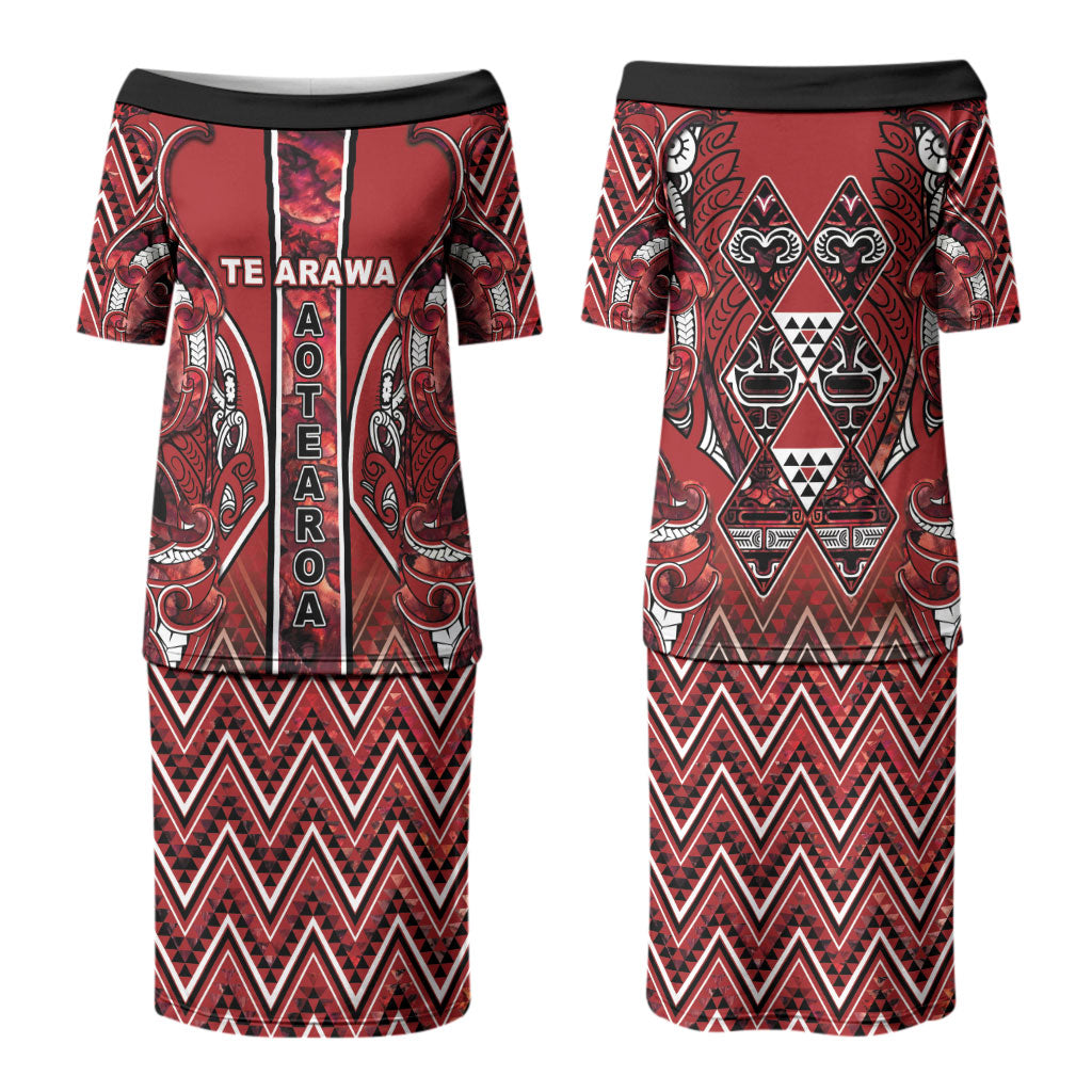 Aotearoa Te Arawa Couples Matching Puletasi and Hawaiian Shirt Maori Tribal Dark Red Paua Shell Pattern DT05 - Polynesian Pride