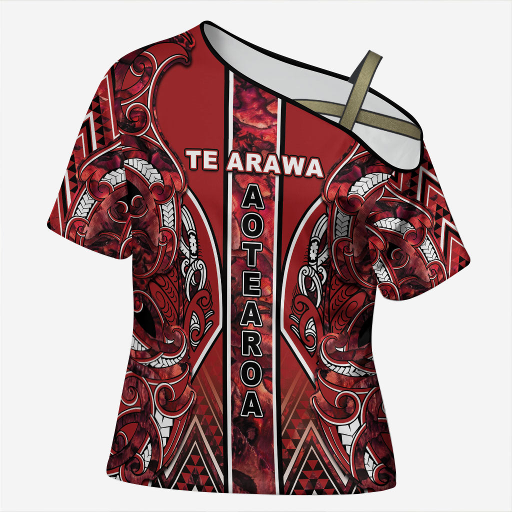 Aotearoa Te Arawa Cross Shoulder Shirt Maori Tribal Dark Red Paua Shell Pattern DT05 Female Red - Polynesian Pride