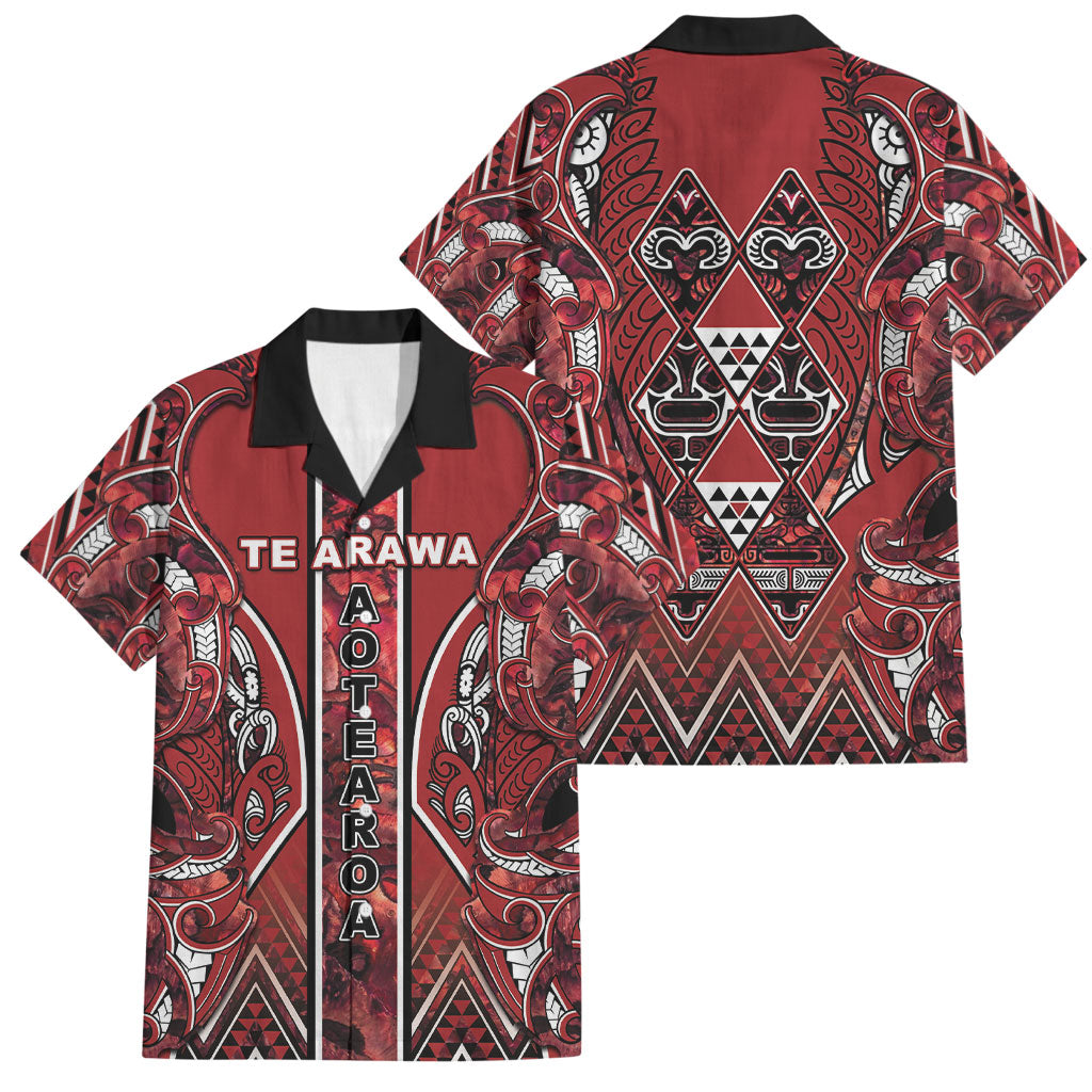 Aotearoa Te Arawa Family Matching Off The Shoulder Long Sleeve Dress and Hawaiian Shirt Maori Tribal Dark Red Paua Shell Pattern DT05 Dad's Shirt - Short Sleeve Red - Polynesian Pride