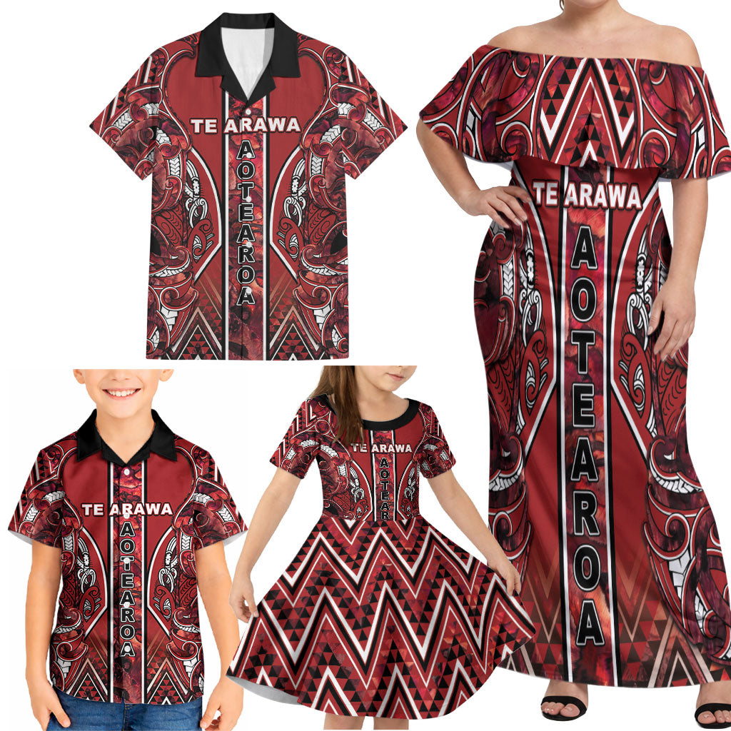 Aotearoa Te Arawa Family Matching Off Shoulder Maxi Dress and Hawaiian Shirt Maori Tribal Dark Red Paua Shell Pattern DT05 - Polynesian Pride