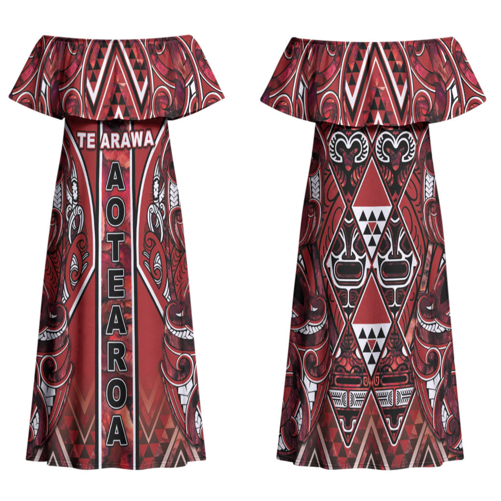 Aotearoa Te Arawa Family Matching Off Shoulder Maxi Dress and Hawaiian Shirt Maori Tribal Dark Red Paua Shell Pattern DT05 Mom's Dress Red - Polynesian Pride