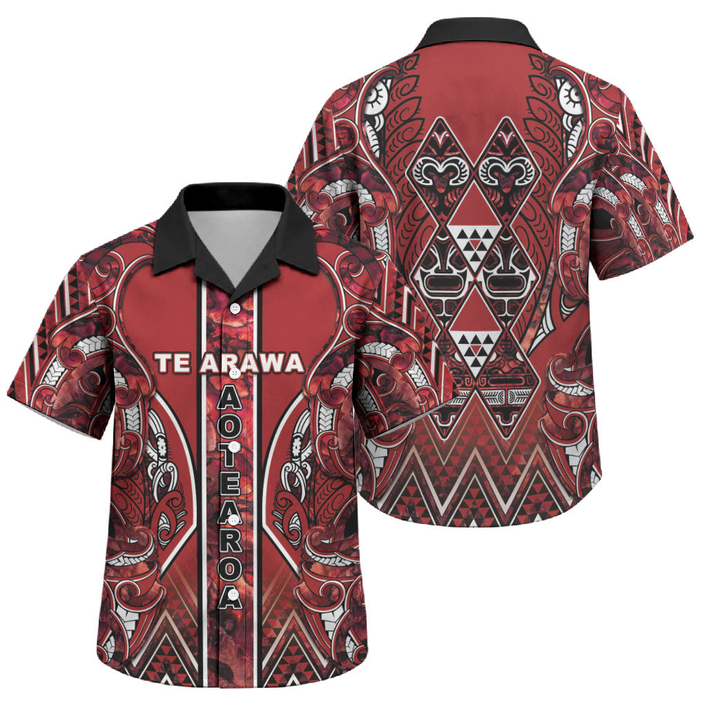 Aotearoa Te Arawa Family Matching Off Shoulder Maxi Dress and Hawaiian Shirt Maori Tribal Dark Red Paua Shell Pattern DT05 Son's Shirt Red - Polynesian Pride