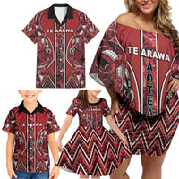 Aotearoa Te Arawa Family Matching Off Shoulder Short Dress and Hawaiian Shirt Maori Tribal Dark Red Paua Shell Pattern DT05 - Polynesian Pride
