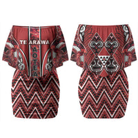 Aotearoa Te Arawa Family Matching Off Shoulder Short Dress and Hawaiian Shirt Maori Tribal Dark Red Paua Shell Pattern DT05 Mom's Dress Red - Polynesian Pride