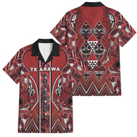 Aotearoa Te Arawa Family Matching Off Shoulder Short Dress and Hawaiian Shirt Maori Tribal Dark Red Paua Shell Pattern DT05 Dad's Shirt - Short Sleeve Red - Polynesian Pride