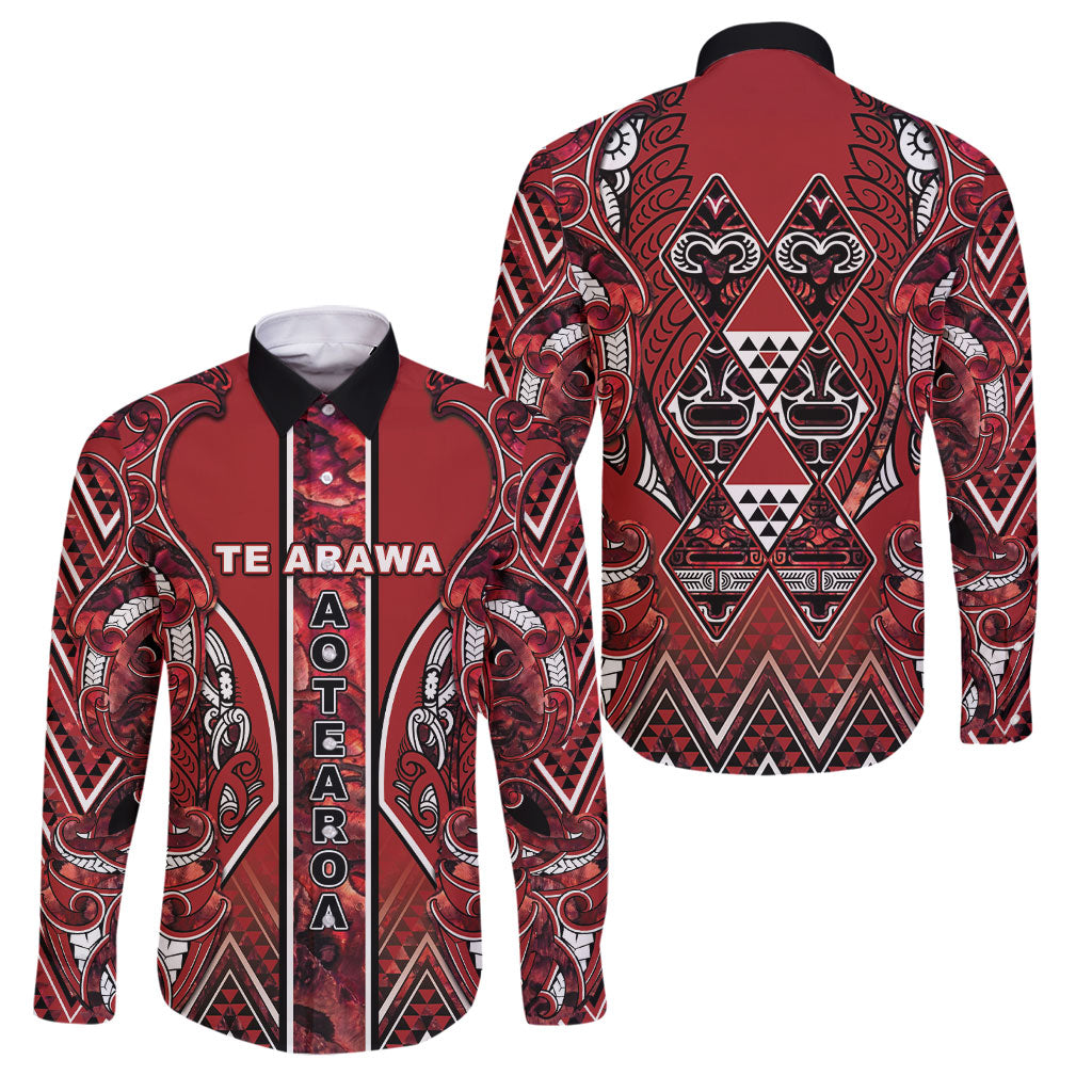 Aotearoa Te Arawa Family Matching Off Shoulder Short Dress and Hawaiian Shirt Maori Tribal Dark Red Paua Shell Pattern DT05 Dad's Shirt - Long Sleeve Red - Polynesian Pride