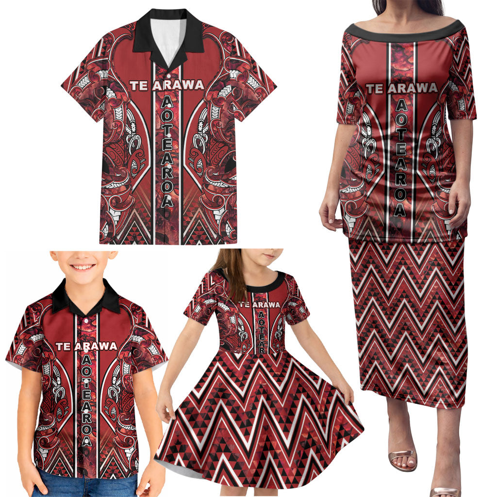 Aotearoa Te Arawa Family Matching Puletasi and Hawaiian Shirt Maori Tribal Dark Red Paua Shell Pattern DT05 - Polynesian Pride