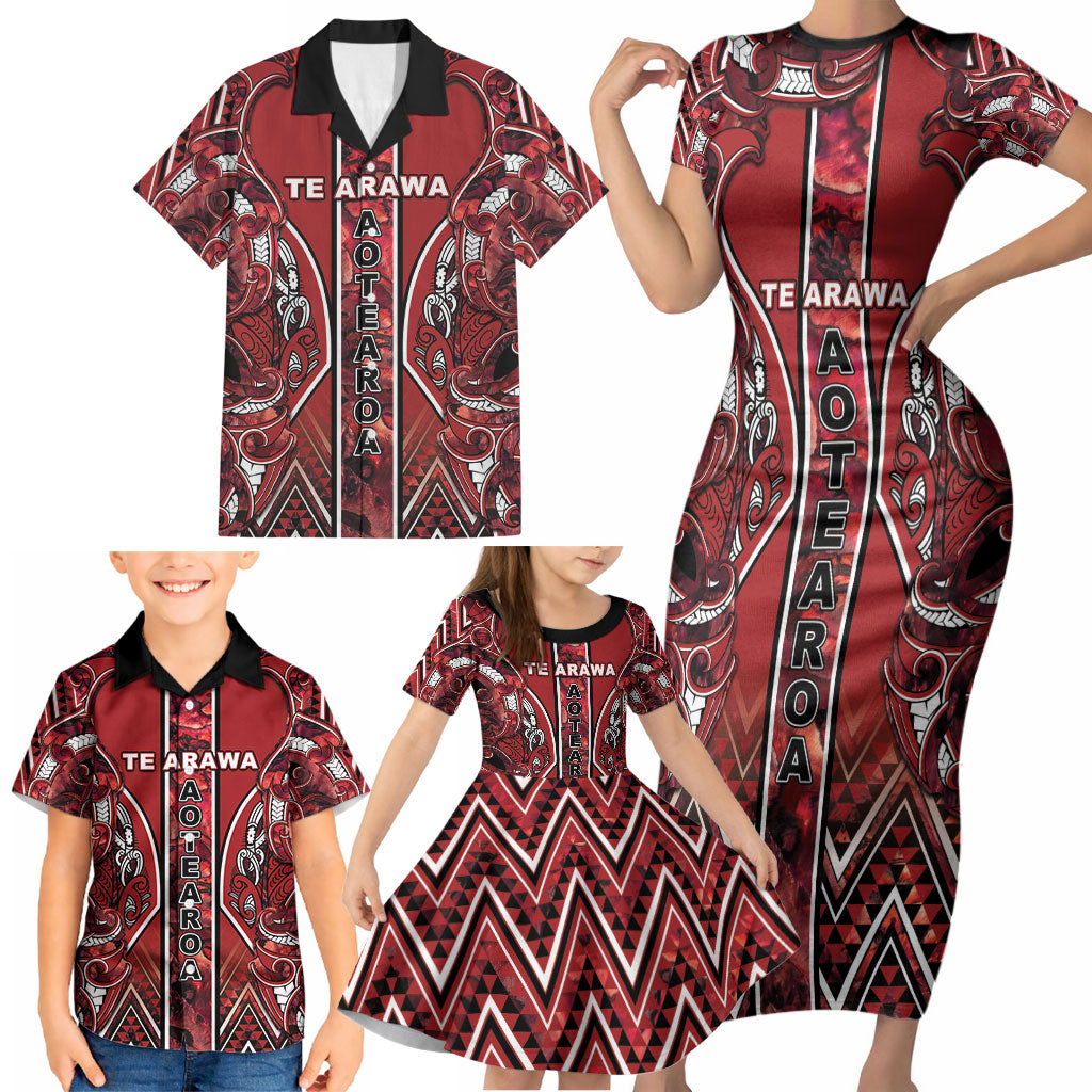 Aotearoa Te Arawa Family Matching Short Sleeve Bodycon Dress and Hawaiian Shirt Maori Tribal Dark Red Paua Shell Pattern DT05 - Polynesian Pride