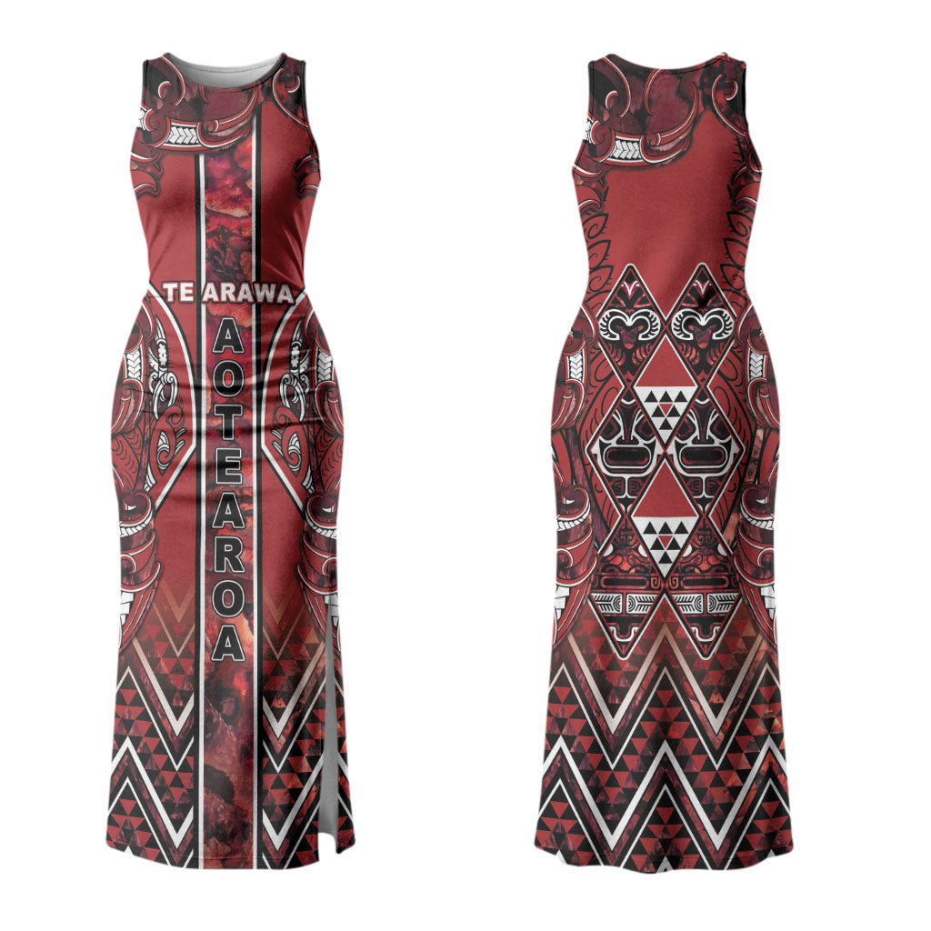 Aotearoa Te Arawa Family Matching Tank Maxi Dress and Hawaiian Shirt Maori Tribal Dark Red Paua Shell Pattern DT05 Mom's Dress Red - Polynesian Pride