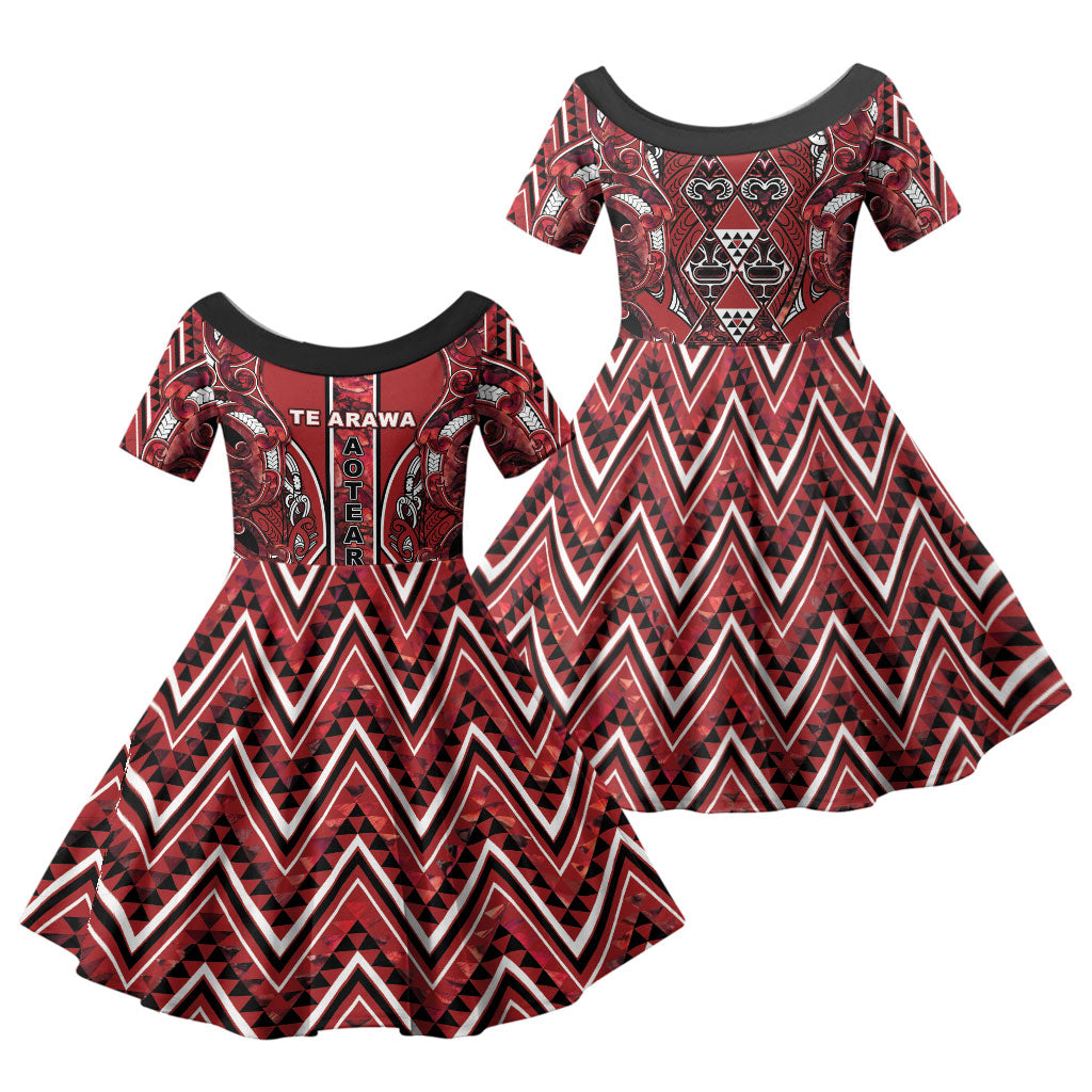 Aotearoa Te Arawa Family Matching Tank Maxi Dress and Hawaiian Shirt Maori Tribal Dark Red Paua Shell Pattern DT05 Daughter's Dress Red - Polynesian Pride