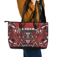 Aotearoa Te Arawa Leather Tote Bag Maori Tribal Dark Red Paua Shell Pattern DT05 - Polynesian Pride