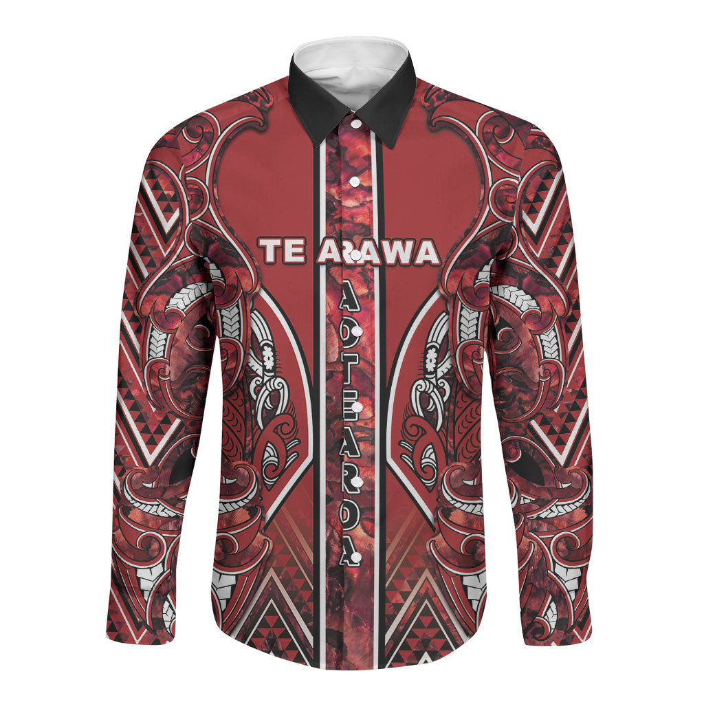 Aotearoa Te Arawa Long Sleeve Button Shirt Maori Tribal Dark Red Paua Shell Pattern DT05 Unisex Red - Polynesian Pride