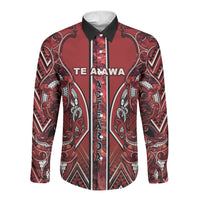 Aotearoa Te Arawa Long Sleeve Button Shirt Maori Tribal Dark Red Paua Shell Pattern DT05 Unisex Red - Polynesian Pride