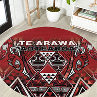 Aotearoa Te Arawa Round Carpet Maori Tribal Dark Red Paua Shell Pattern DT05 Red - Polynesian Pride
