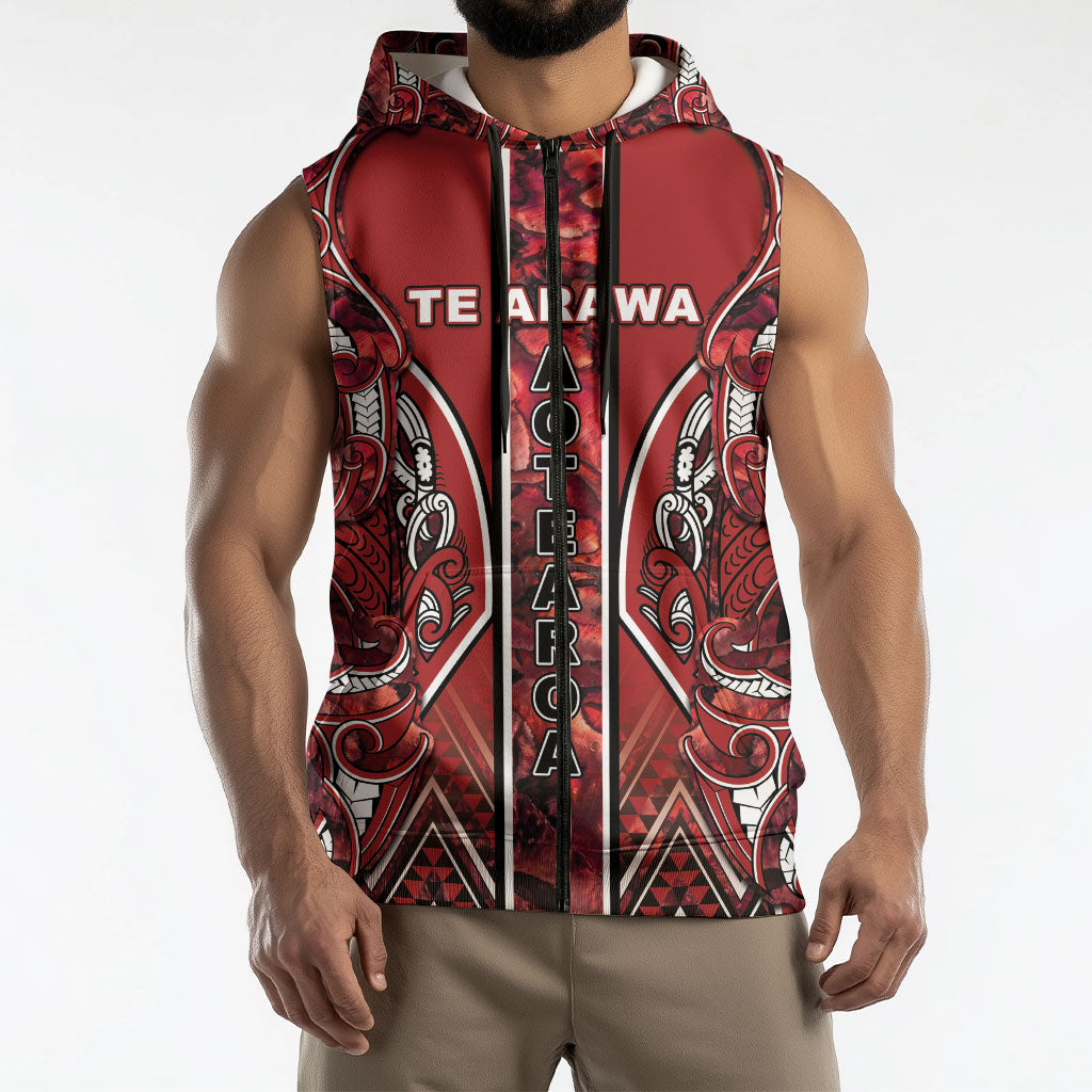 Aotearoa Te Arawa Sleeveless Zip Hoodie Maori Tribal Dark Red Paua Shell Pattern DT05 - Polynesian Pride