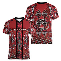 Aotearoa Te Arawa Women V-Neck T-Shirt Maori Tribal Dark Red Paua Shell Pattern DT05 - Polynesian Pride
