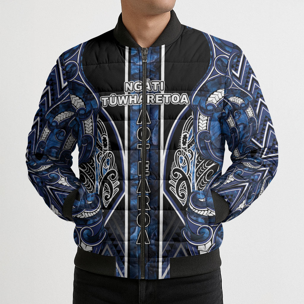 Aotearoa Tuwharetoa Bomber Puffer Jacket Maori Tribal Navy Paua Shell Pattern DT05 - Polynesian Pride