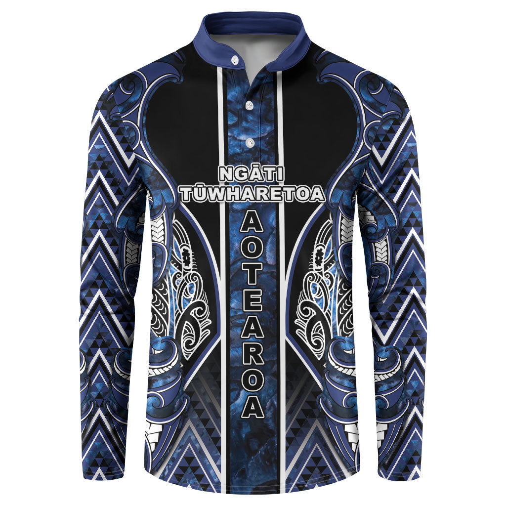 Aotearoa Tuwharetoa Button Sweatshirt Maori Tribal Navy Paua Shell Pattern DT05 Navy - Polynesian Pride