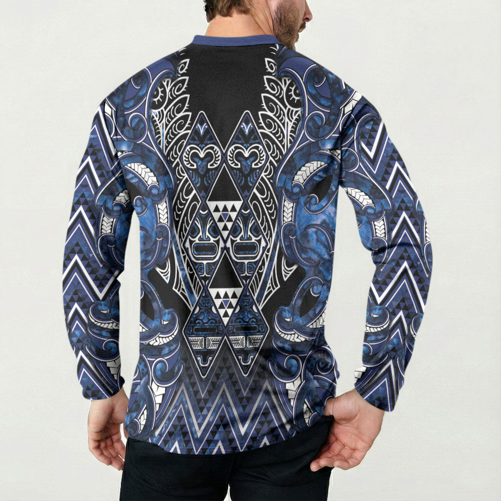 Aotearoa Tuwharetoa Button Sweatshirt Maori Tribal Navy Paua Shell Pattern DT05 - Polynesian Pride